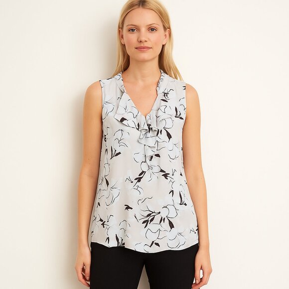 White House Black Market Tops - 2/$30 White House Black Market Floral Print Ruffle Sleeveless Blouse Nude #A1498